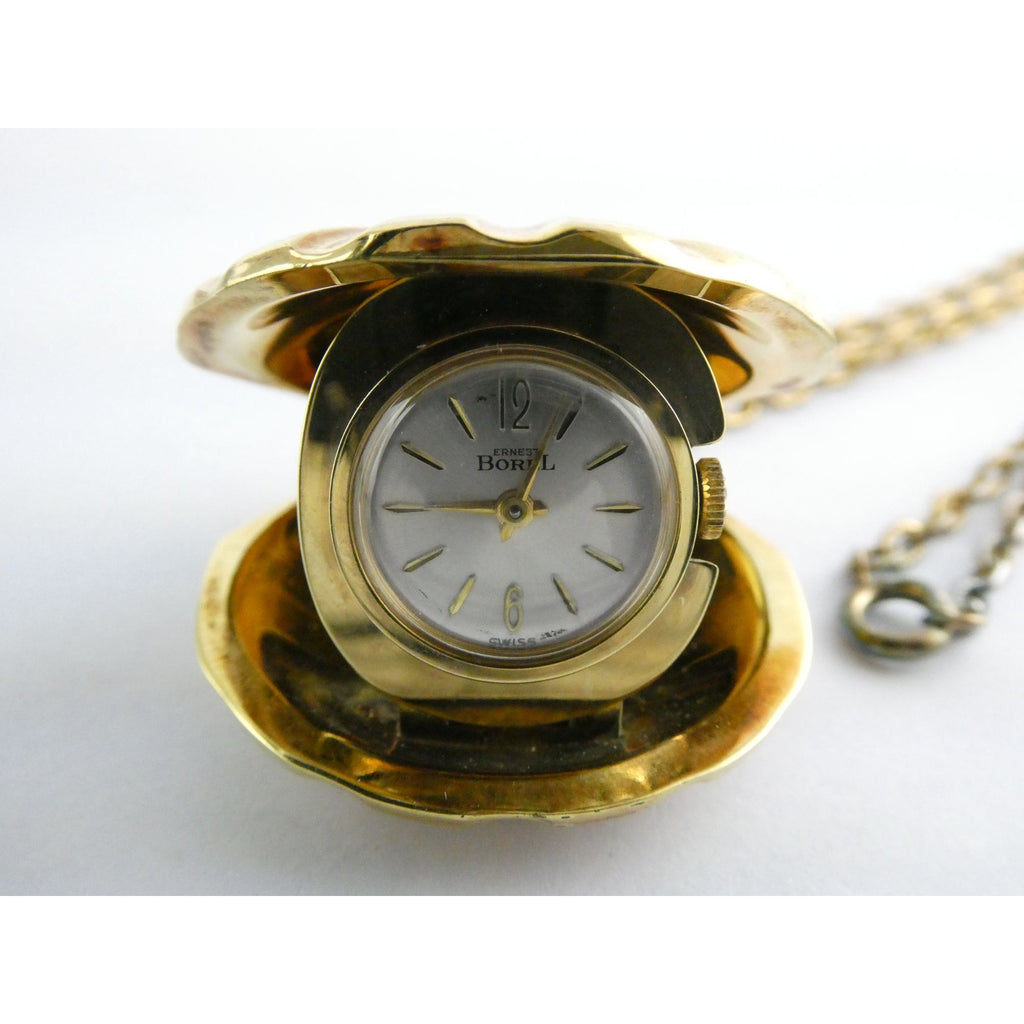 Vintage Ernest Borel Swiss Gold Plated Seashell Watch Pendant Necklace WORKING