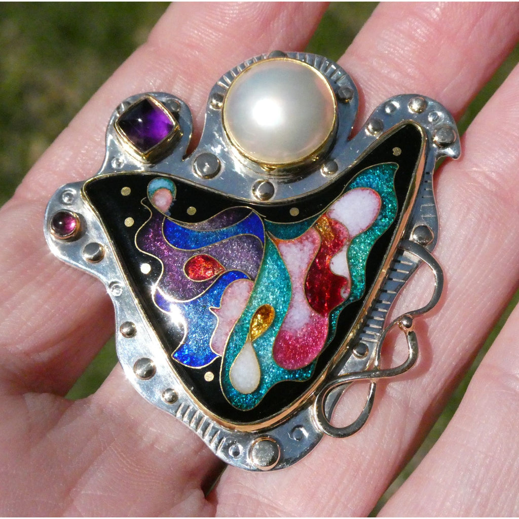 Alexa and Peter Smarsh Sterling Silver 14k 22k Gold Enamel Pearl Pin Pendant