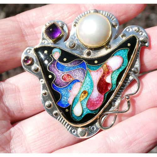 Alexa and Peter Smarsh Sterling Silver 14k 22k Gold Enamel Pearl Pin Pendant