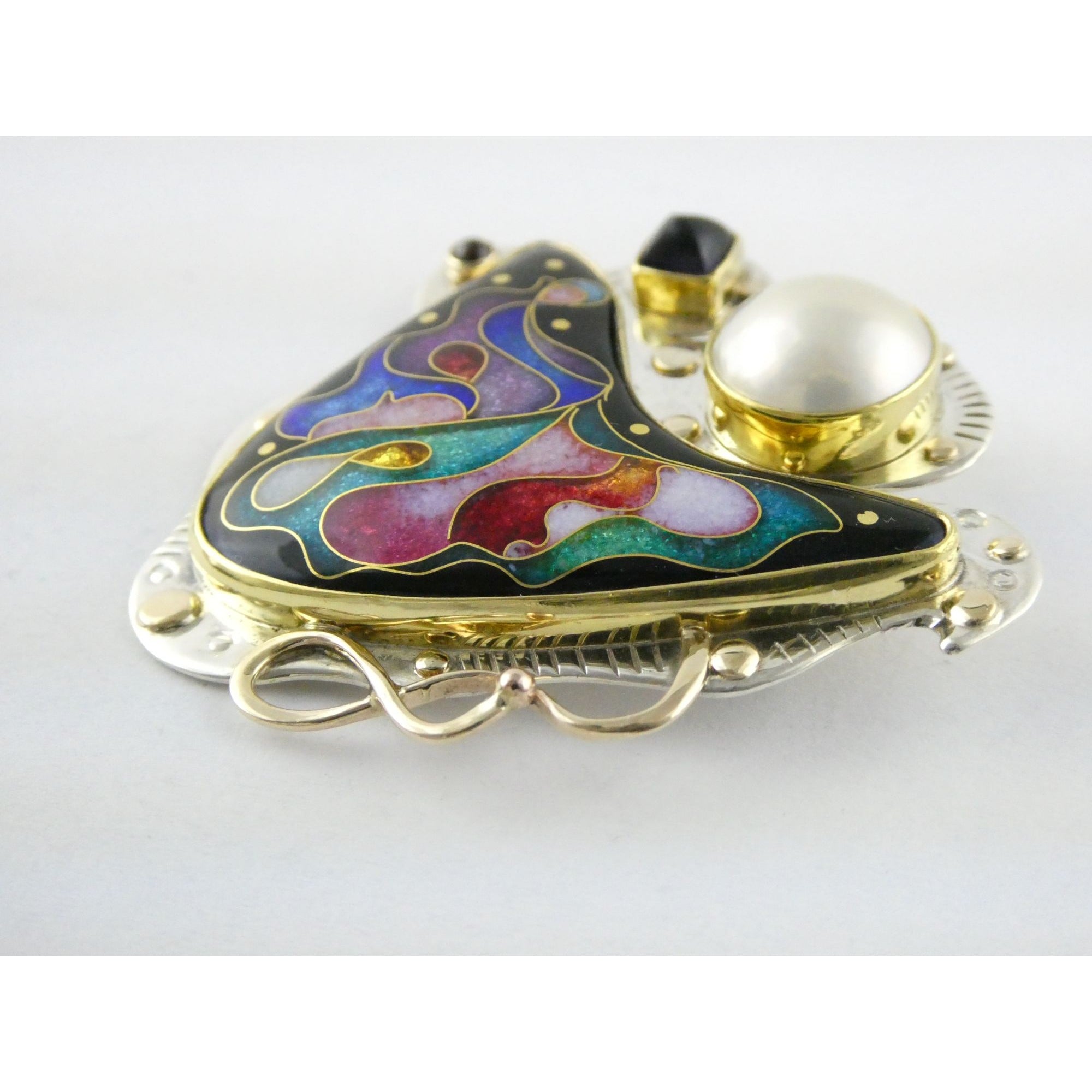 Alexa and Peter Smarsh Sterling Silver 14k 22k Gold Enamel Pearl Pin Pendant