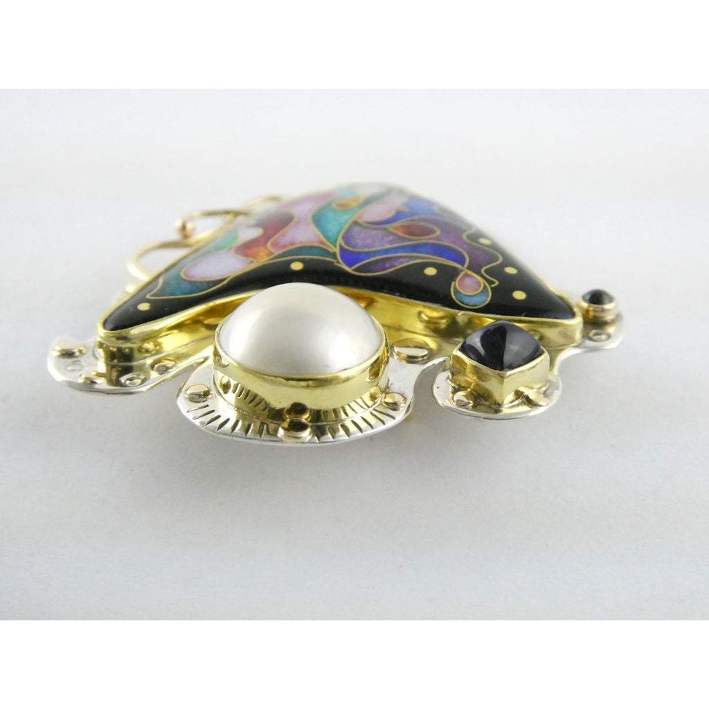 Alexa and Peter Smarsh Sterling Silver 14k 22k Gold Enamel Pearl Pin Pendant