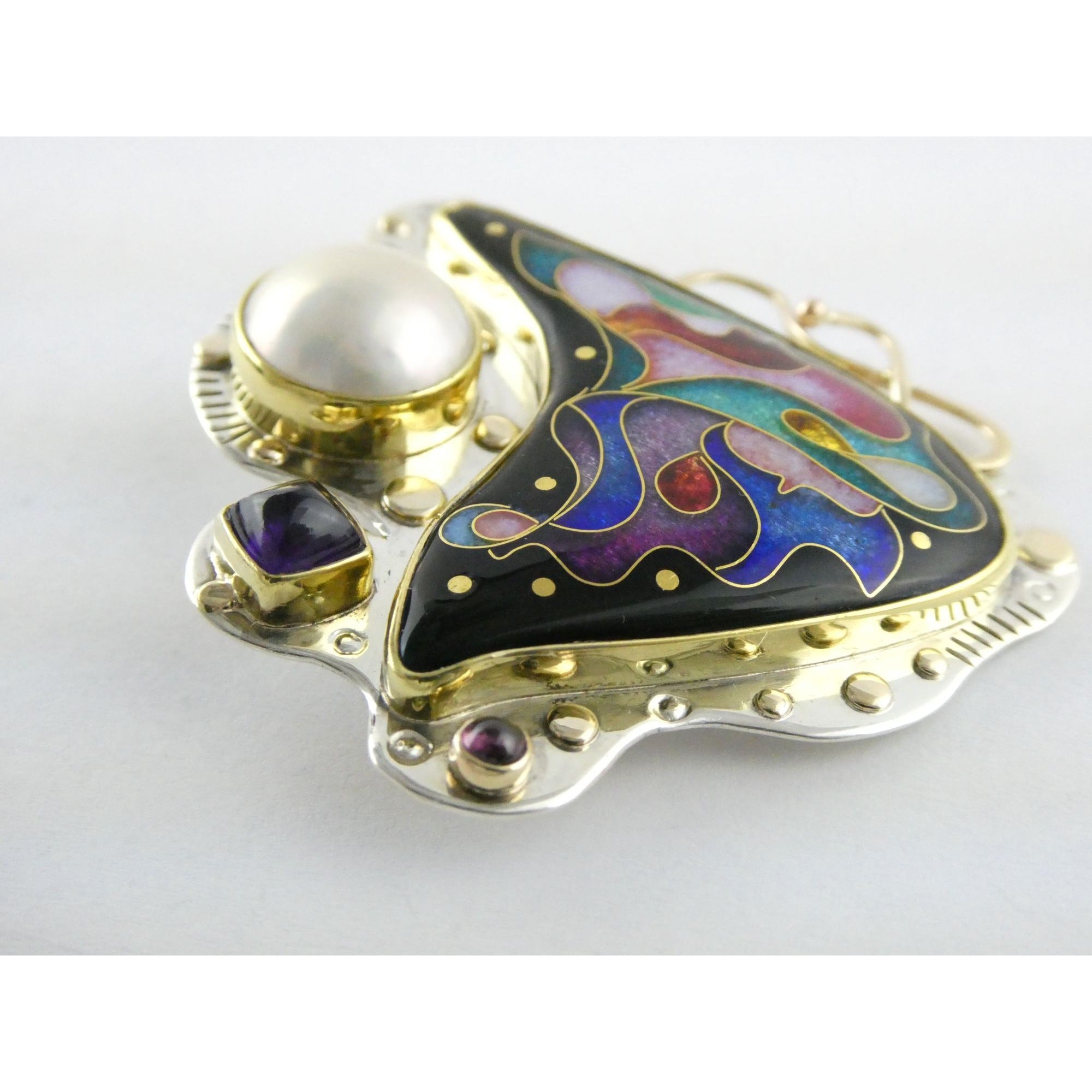 Alexa and Peter Smarsh Sterling Silver 14k 22k Gold Enamel Pearl Pin Pendant