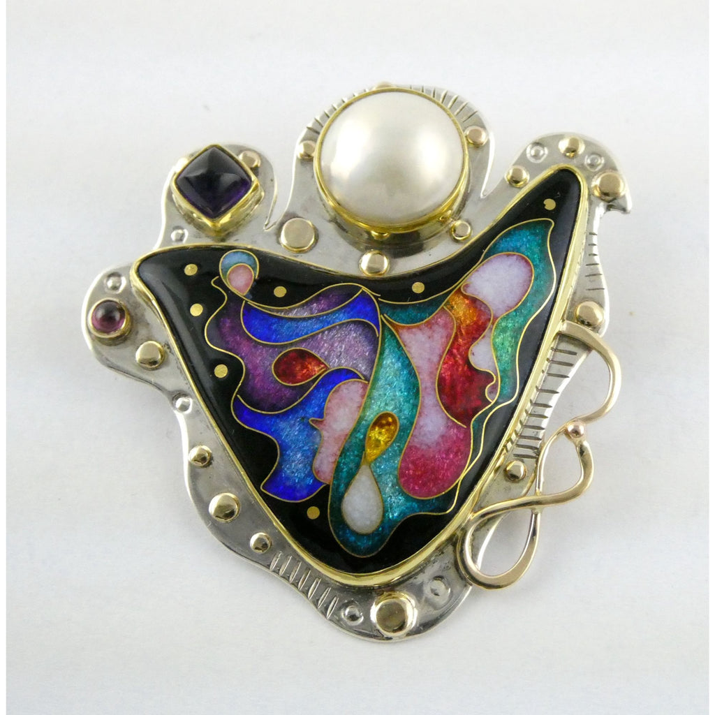 Alexa and Peter Smarsh Sterling Silver 14k 22k Gold Enamel Pearl Pin Pendant