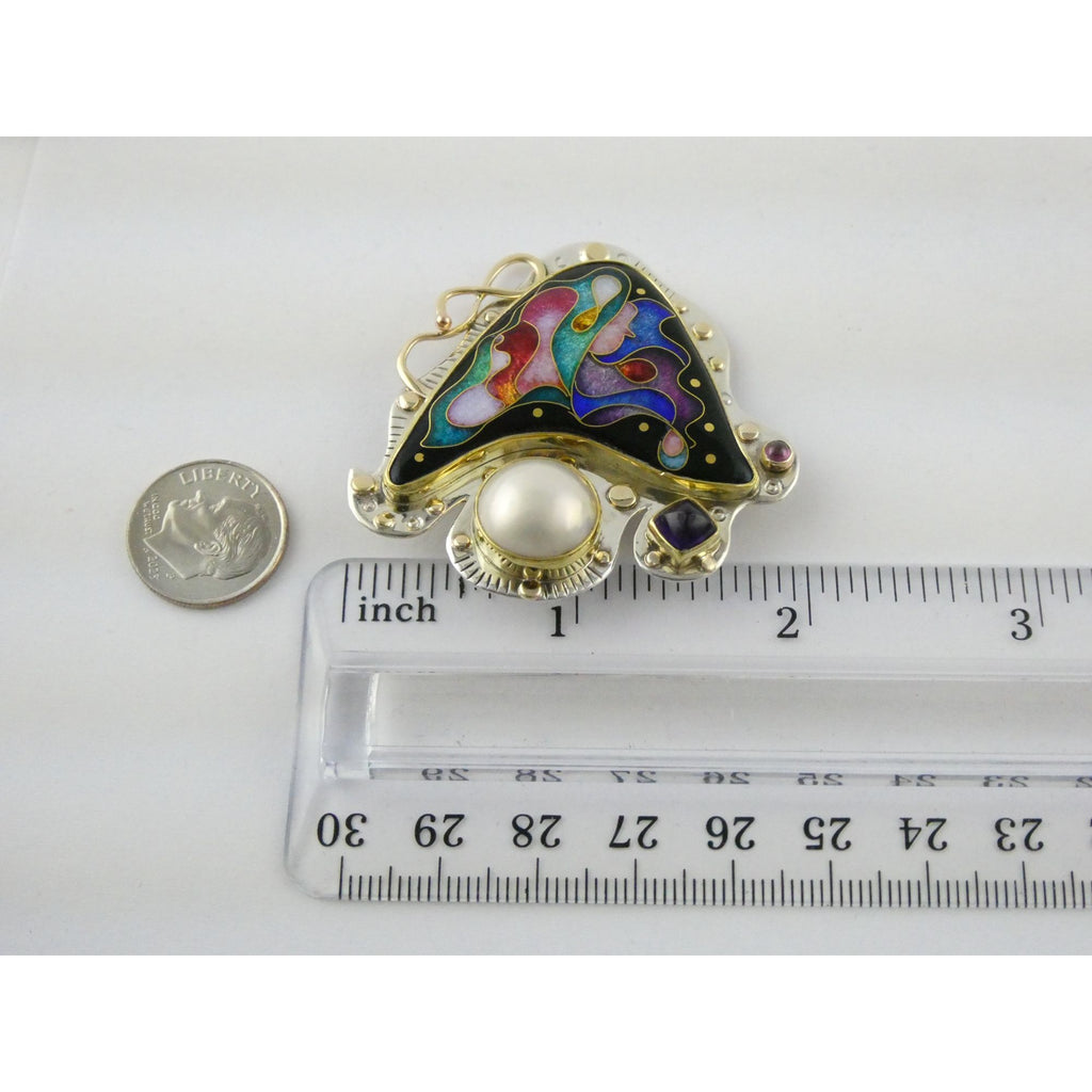 Alexa and Peter Smarsh Sterling Silver 14k 22k Gold Enamel Pearl Pin Pendant