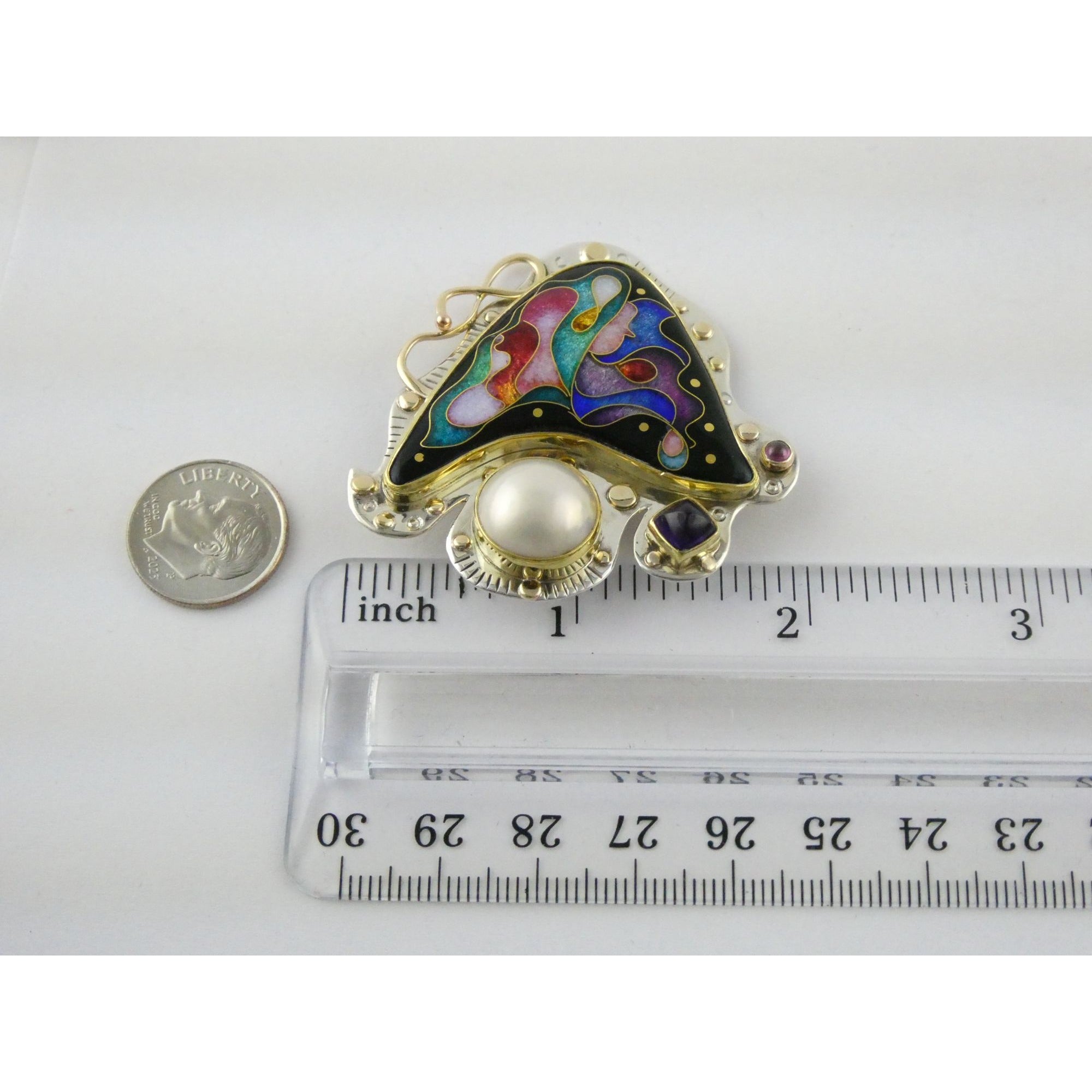 Alexa and Peter Smarsh Sterling Silver 14k 22k Gold Enamel Pearl Pin Pendant