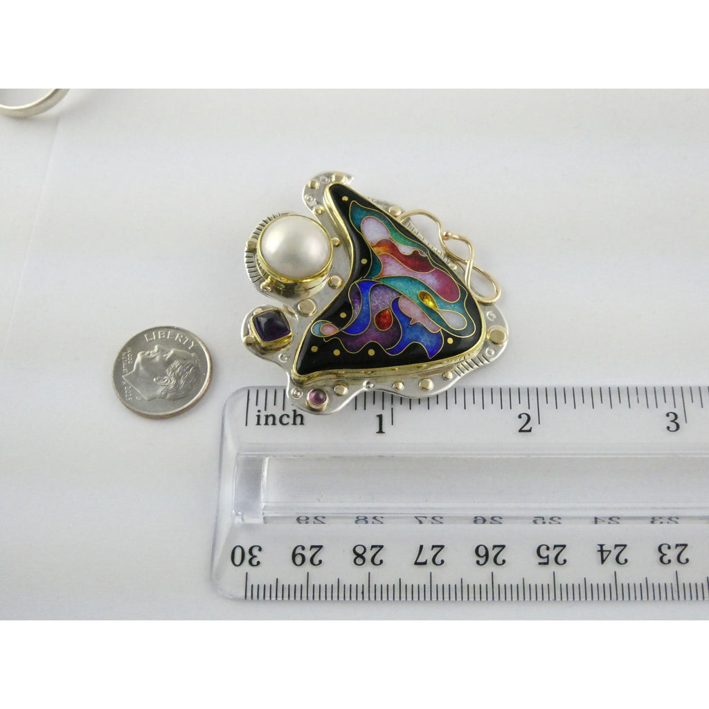 Alexa and Peter Smarsh Sterling Silver 14k 22k Gold Enamel Pearl Pin Pendant