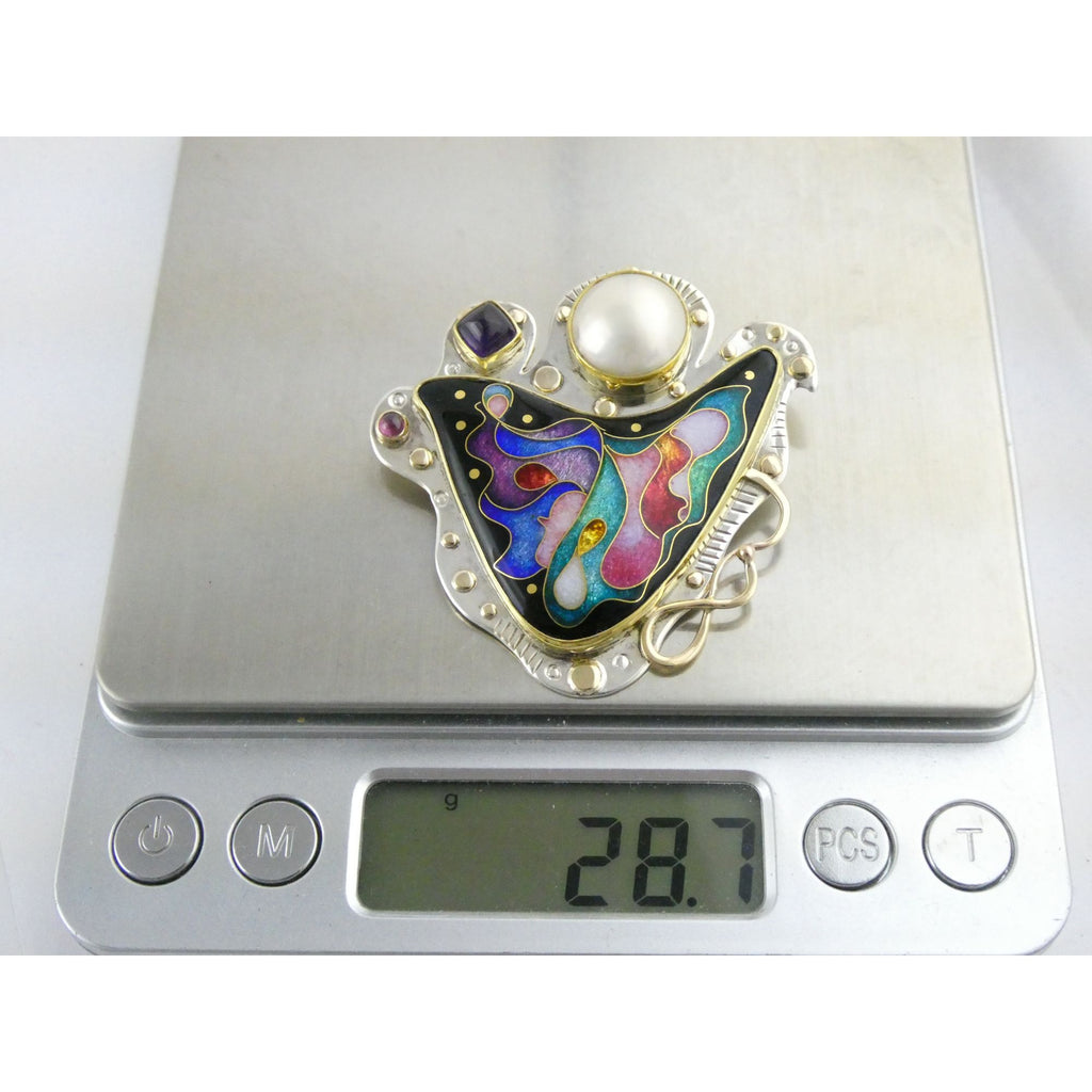 Alexa and Peter Smarsh Sterling Silver 14k 22k Gold Enamel Pearl Pin Pendant