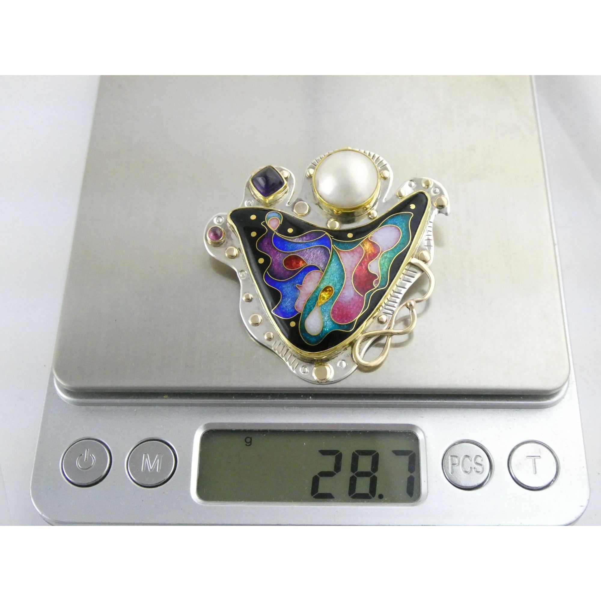 Alexa and Peter Smarsh Sterling Silver 14k 22k Gold Enamel Pearl Pin Pendant