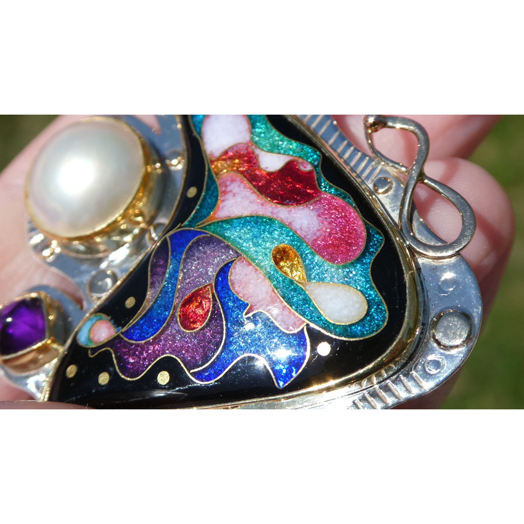 Alexa and Peter Smarsh Sterling Silver 14k 22k Gold Enamel Pearl Pin Pendant