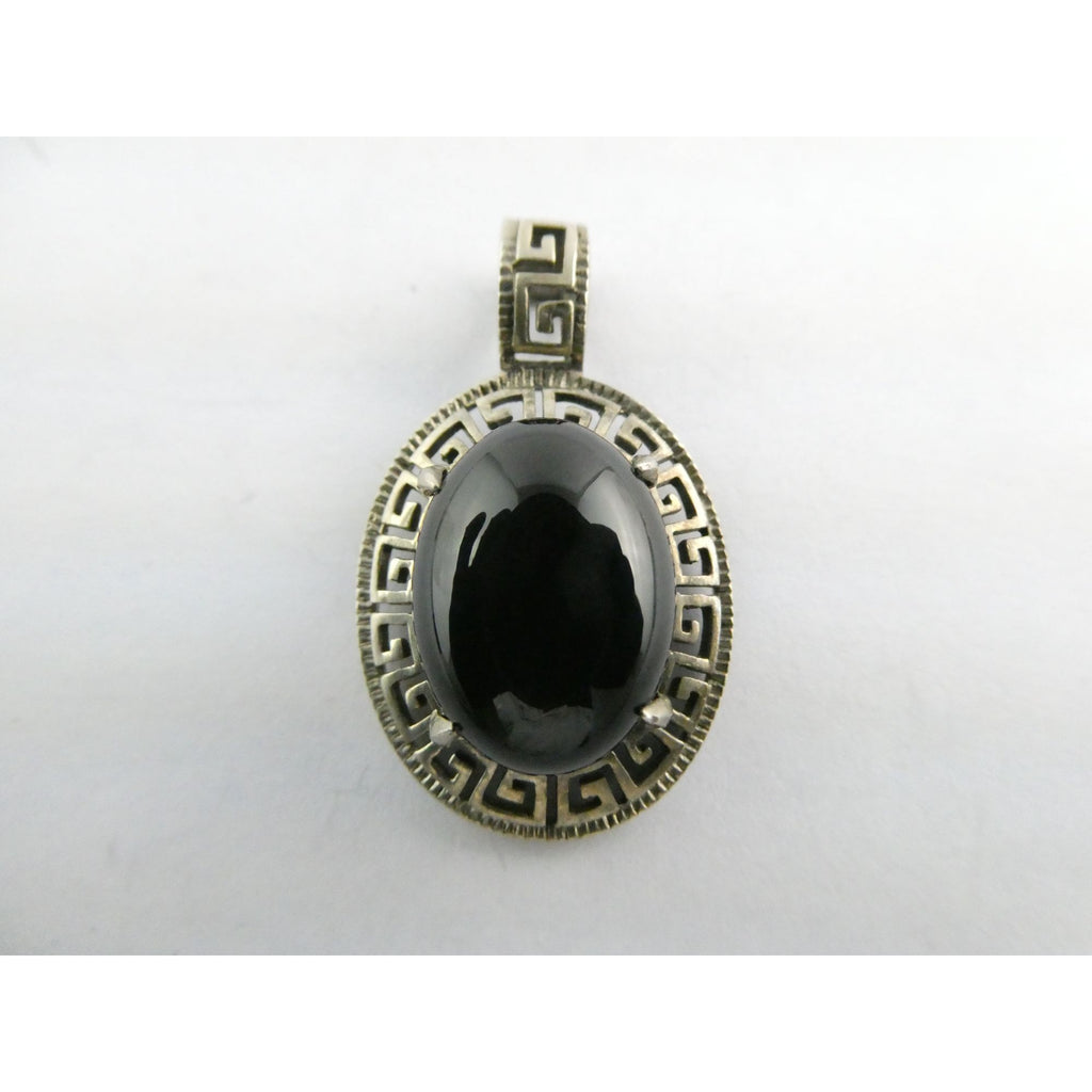 Sterling Silver Greek Key Design Black Onyx Pendant 925 4.6g 32mm Length
