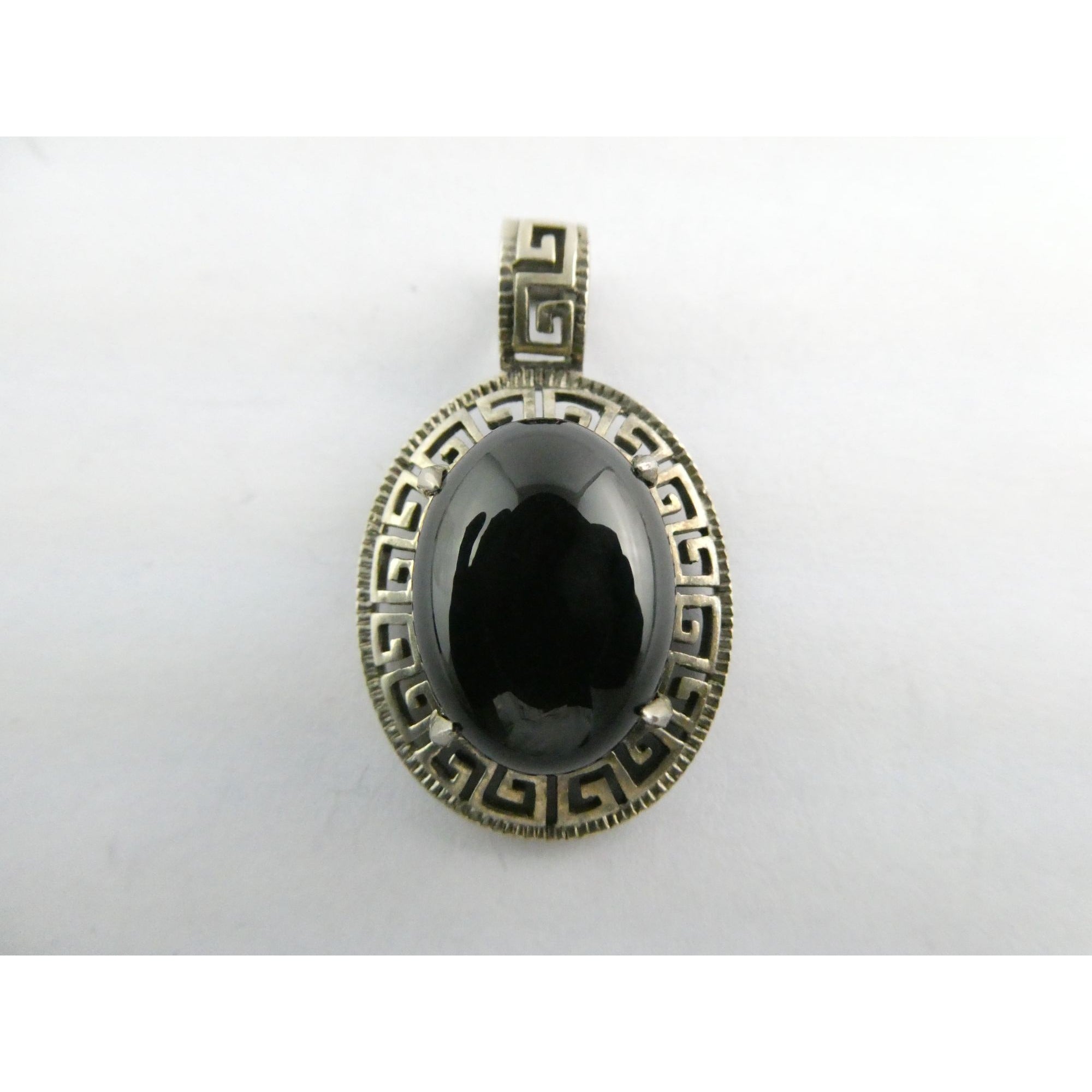 Sterling Silver Greek Key Design Black Onyx Pendant 925 4.6g 32mm Length