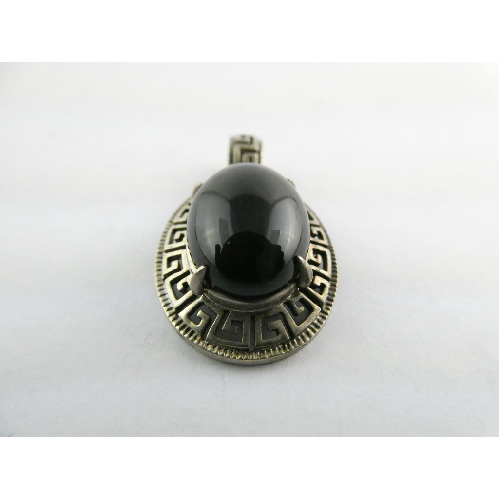 Sterling Silver Greek Key Design Black Onyx Pendant 925 4.6g 32mm Length