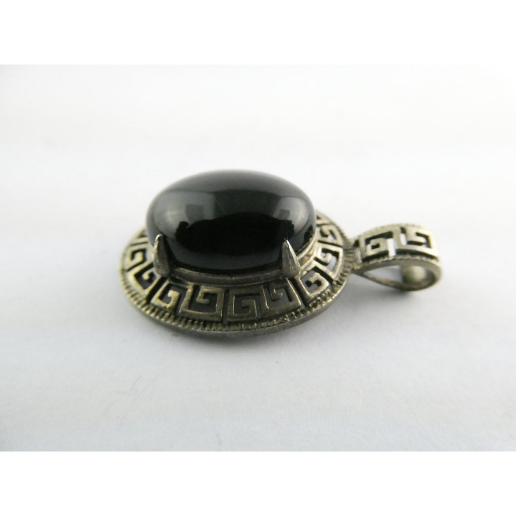 Sterling Silver Greek Key Design Black Onyx Pendant 925 4.6g 32mm Length