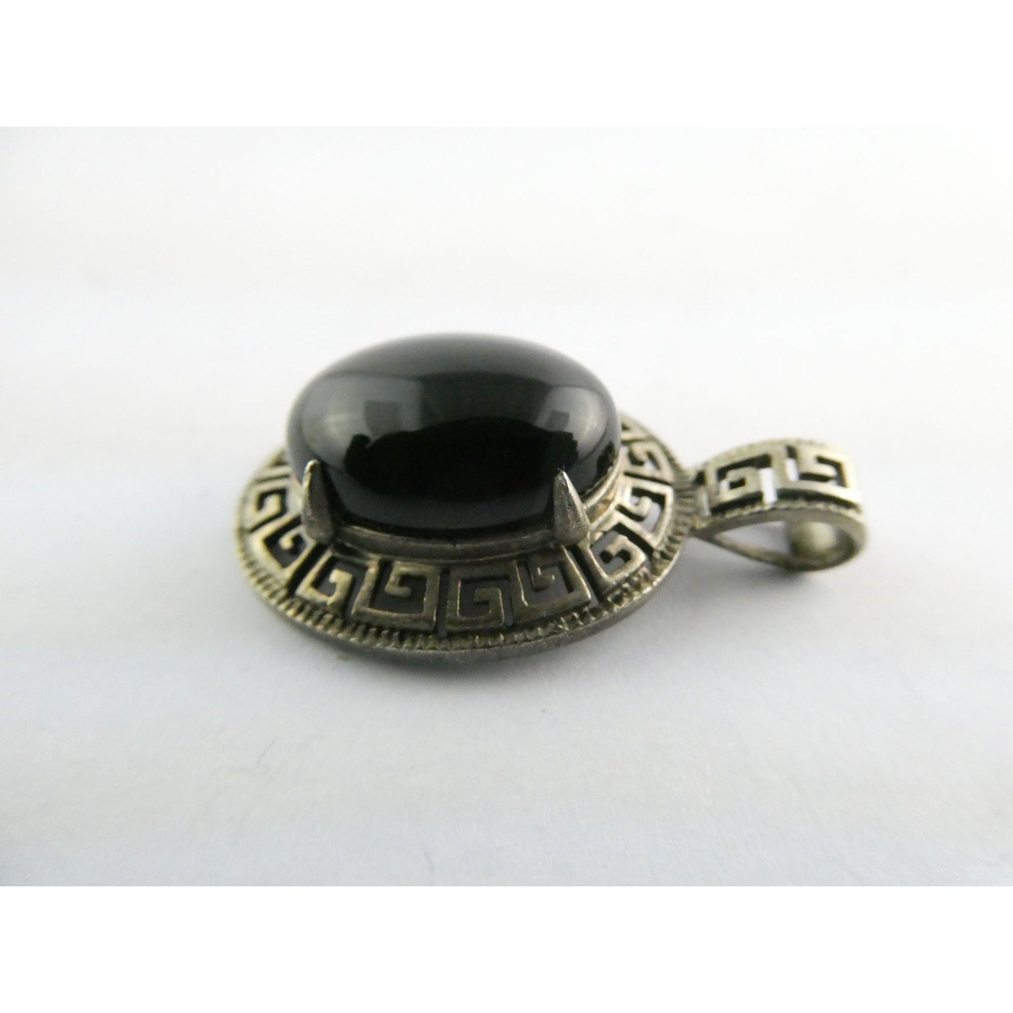Sterling Silver Greek Key Design Black Onyx Pendant 925 4.6g 32mm Length