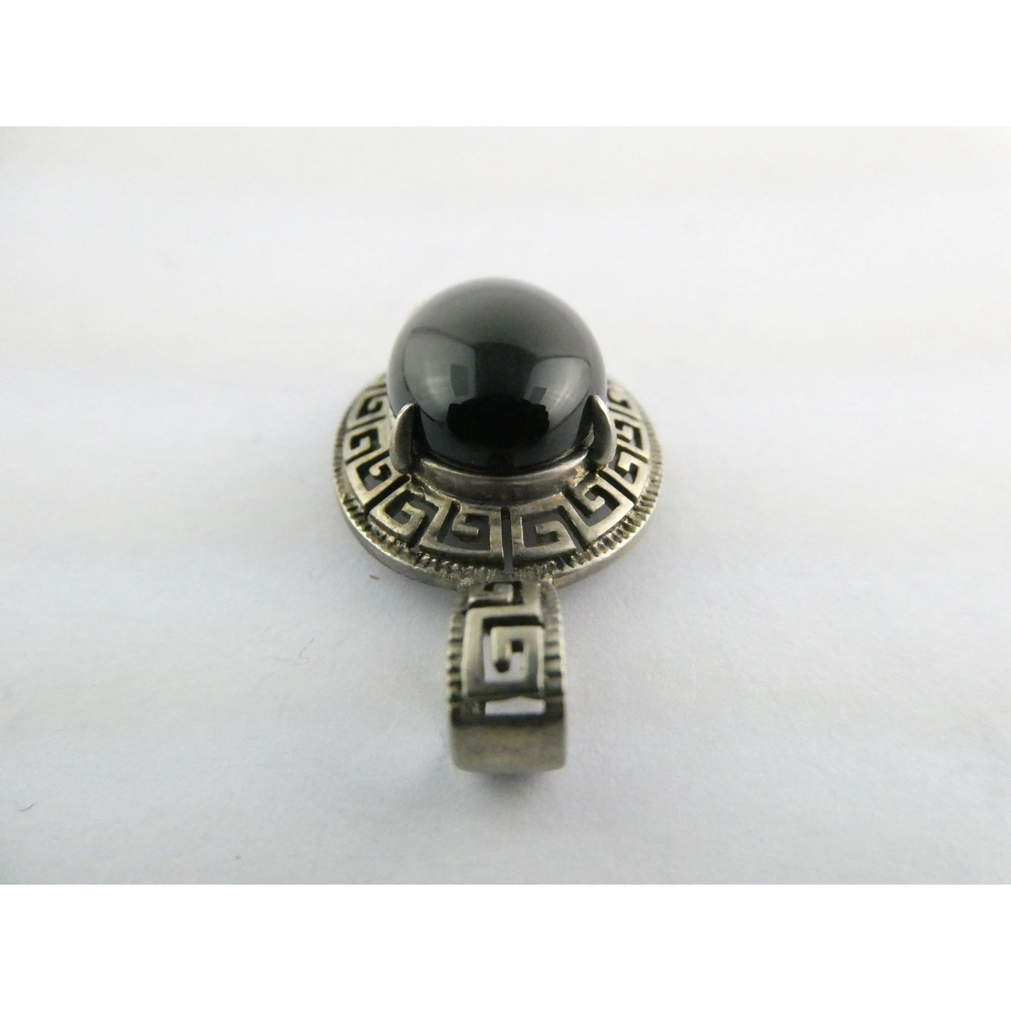 Sterling Silver Greek Key Design Black Onyx Pendant 925 4.6g 32mm Length