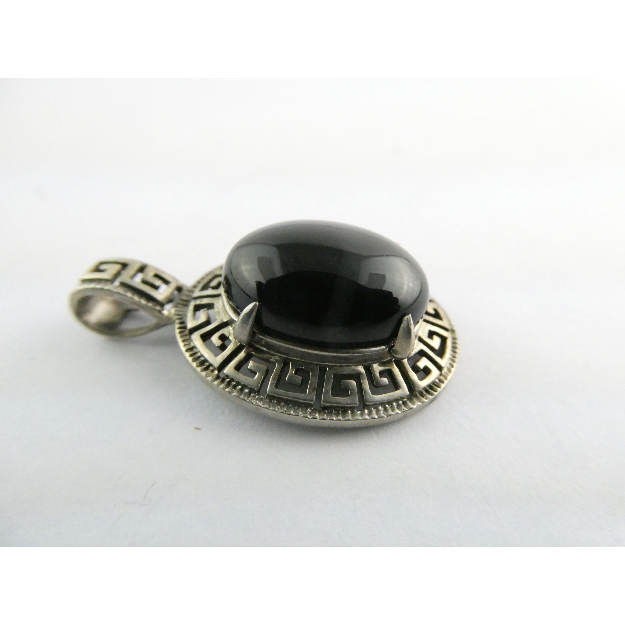 Sterling Silver Greek Key Design Black Onyx Pendant 925 4.6g 32mm Length