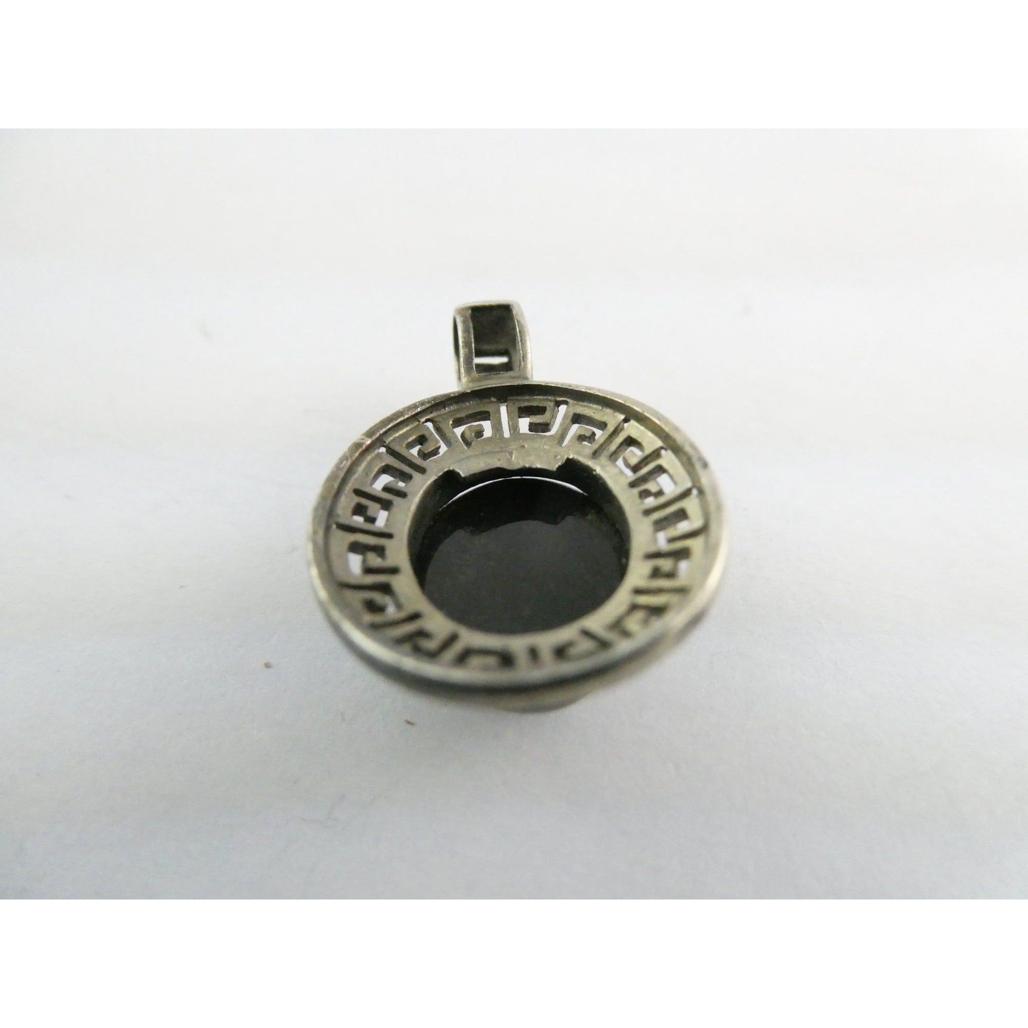 Sterling Silver Greek Key Design Black Onyx Pendant 925 4.6g 32mm Length