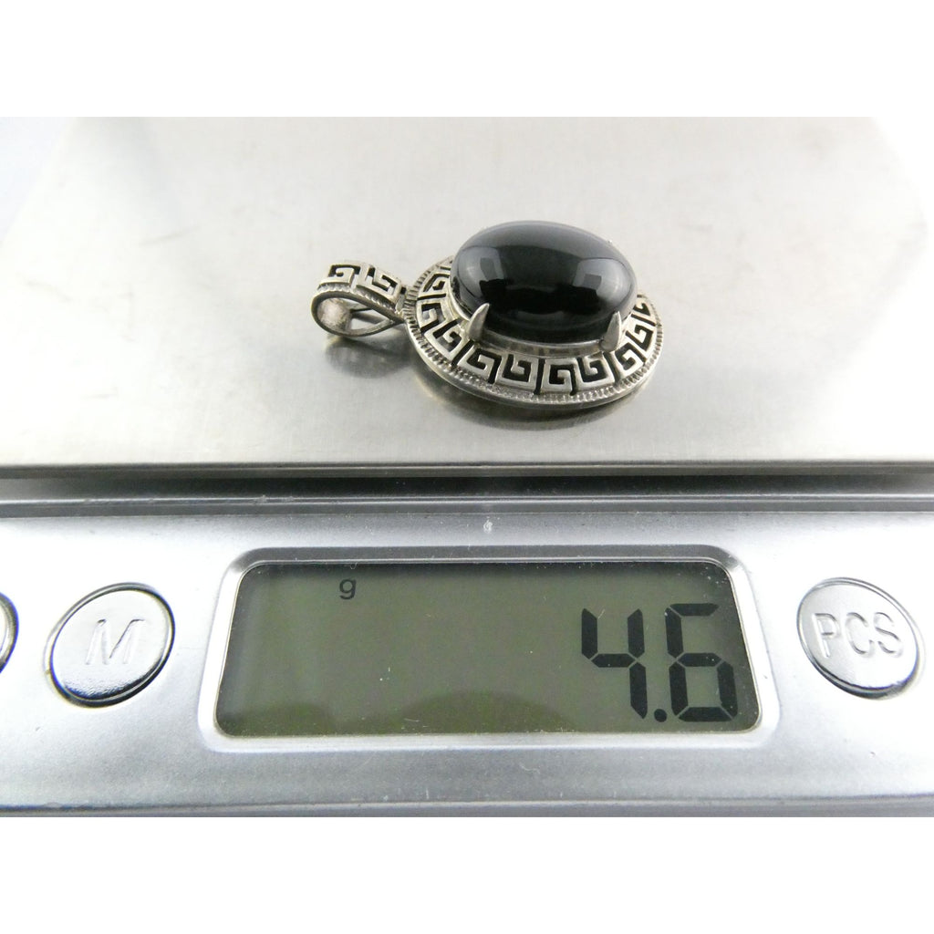Sterling Silver Greek Key Design Black Onyx Pendant 925 4.6g 32mm Length