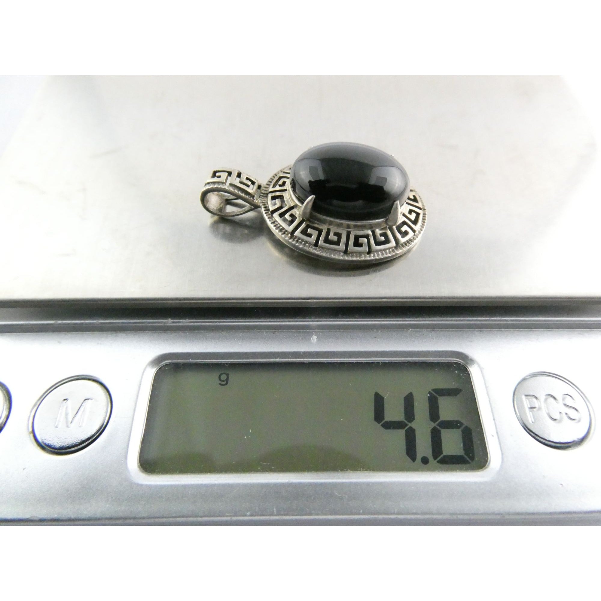 Sterling Silver Greek Key Design Black Onyx Pendant 925 4.6g 32mm Length