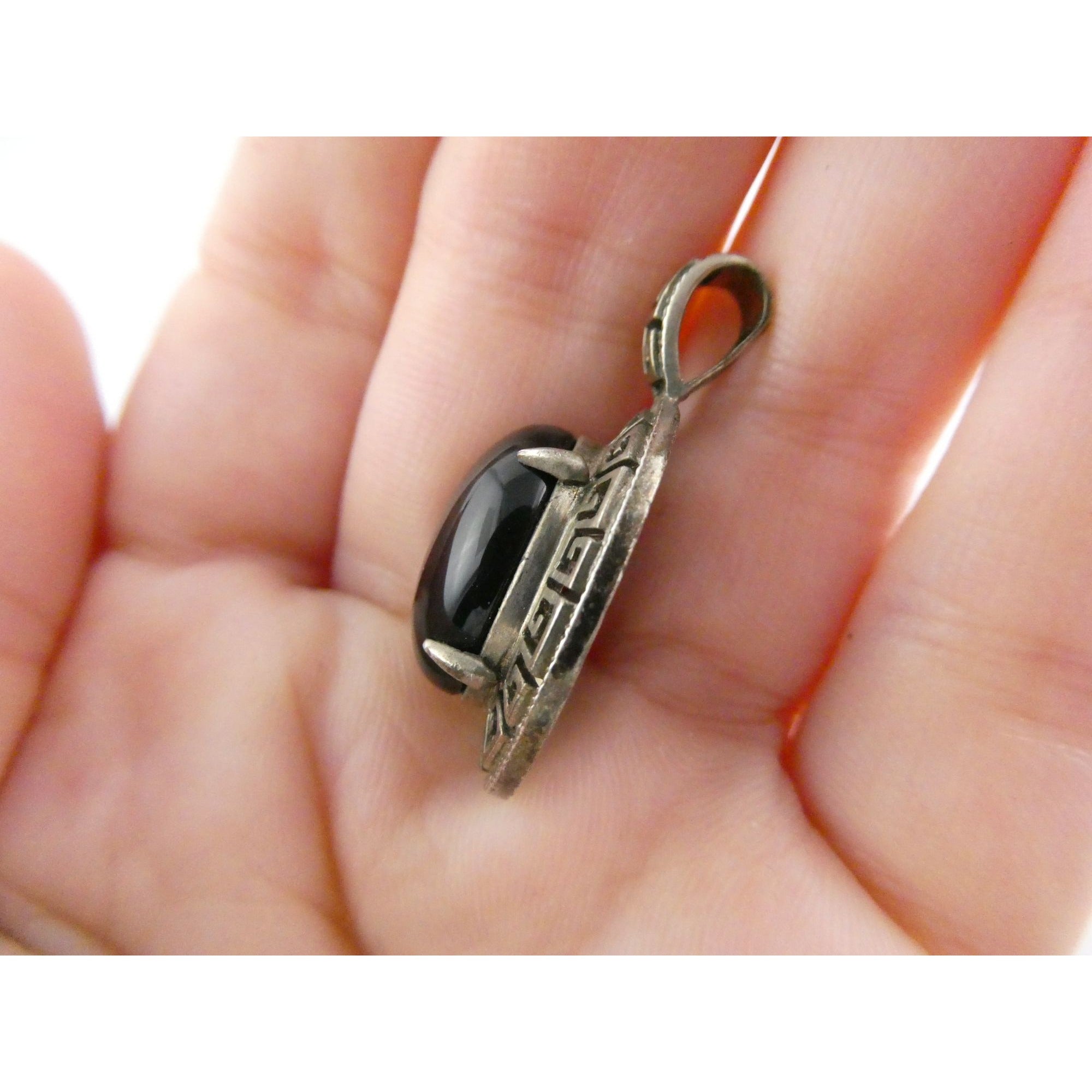 Sterling Silver Greek Key Design Black Onyx Pendant 925 4.6g 32mm Length