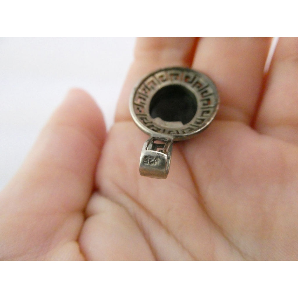 Sterling Silver Greek Key Design Black Onyx Pendant 925 4.6g 32mm Length