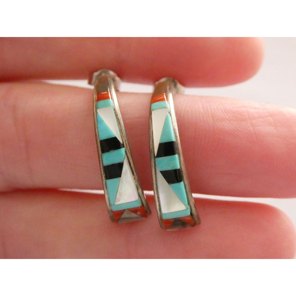 NA Southwestern Unmarked Sterling Silver Gem Inlay Curled Stud Earrings 3g 27mm