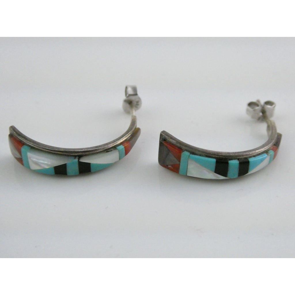 NA Southwestern Unmarked Sterling Silver Gem Inlay Curled Stud Earrings 3g 27mm