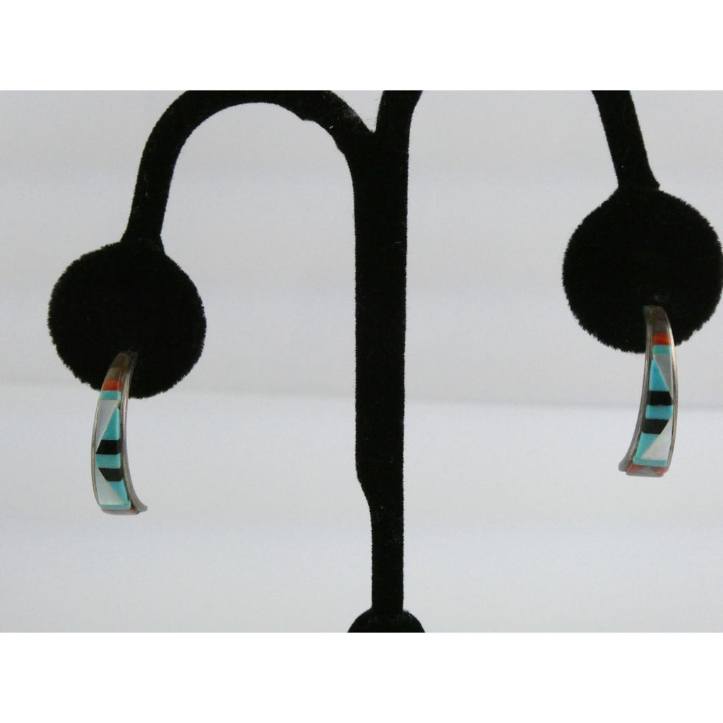 NA Southwestern Unmarked Sterling Silver Gem Inlay Curled Stud Earrings 3g 27mm