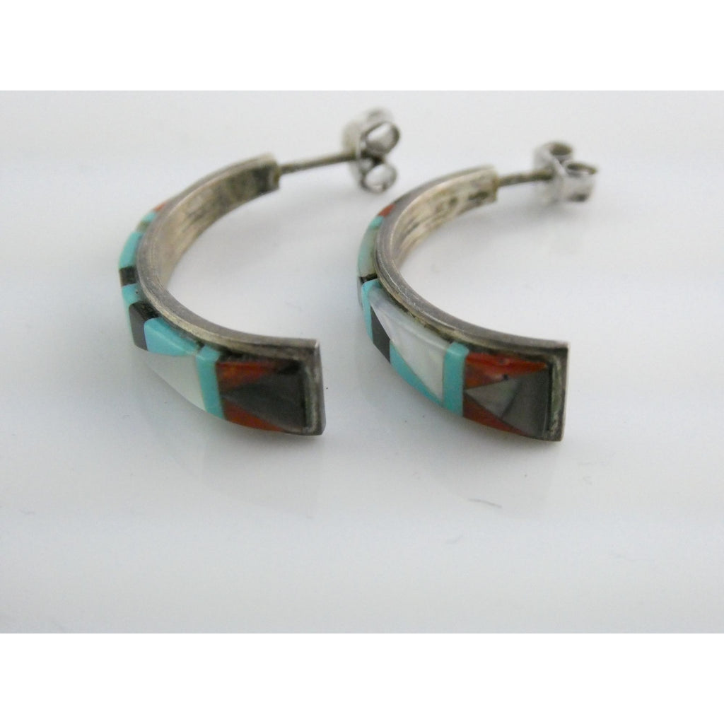 NA Southwestern Unmarked Sterling Silver Gem Inlay Curled Stud Earrings 3g 27mm