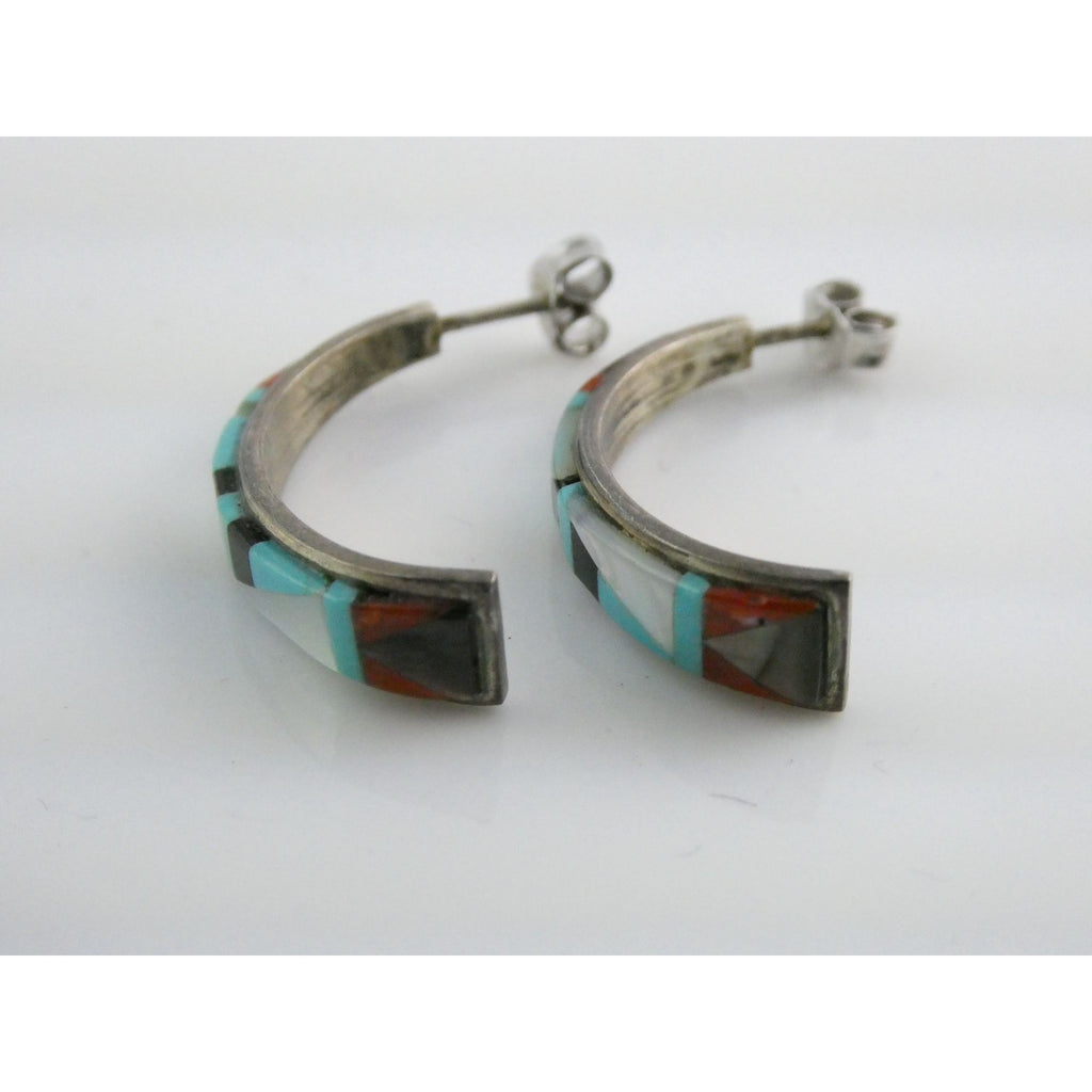 NA Southwestern Unmarked Sterling Silver Gem Inlay Curled Stud Earrings 3g 27mm