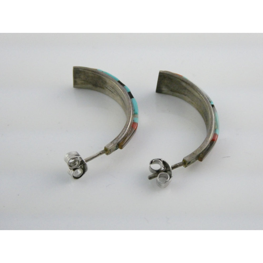 NA Southwestern Unmarked Sterling Silver Gem Inlay Curled Stud Earrings 3g 27mm