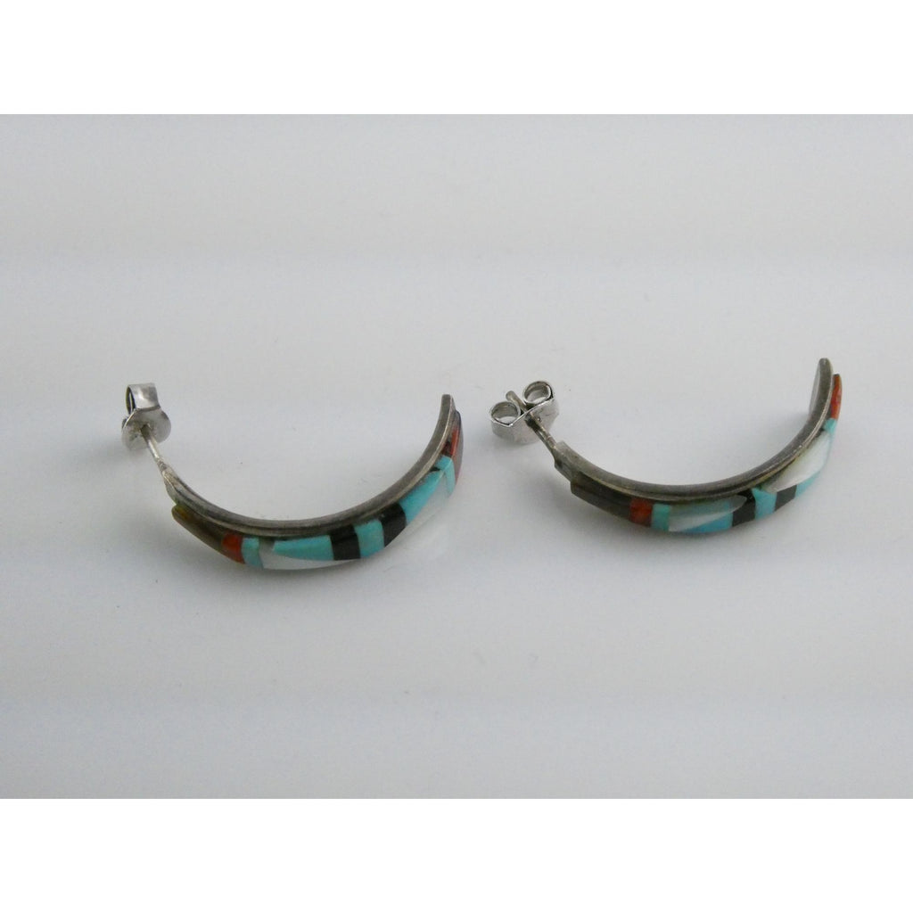 NA Southwestern Unmarked Sterling Silver Gem Inlay Curled Stud Earrings 3g 27mm