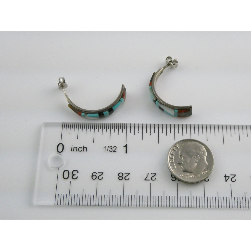 NA Southwestern Unmarked Sterling Silver Gem Inlay Curled Stud Earrings 3g 27mm
