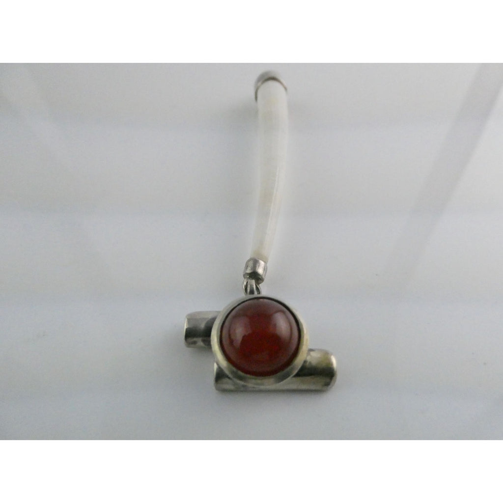 Sterling Silver Carnelian and Long White Seashell Pendant 15.9g 110mm Length