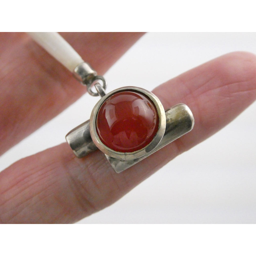 Sterling Silver Carnelian and Long White Seashell Pendant 15.9g 110mm Length