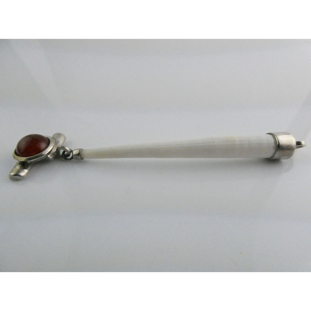Sterling Silver Carnelian and Long White Seashell Pendant 15.9g 110mm Length