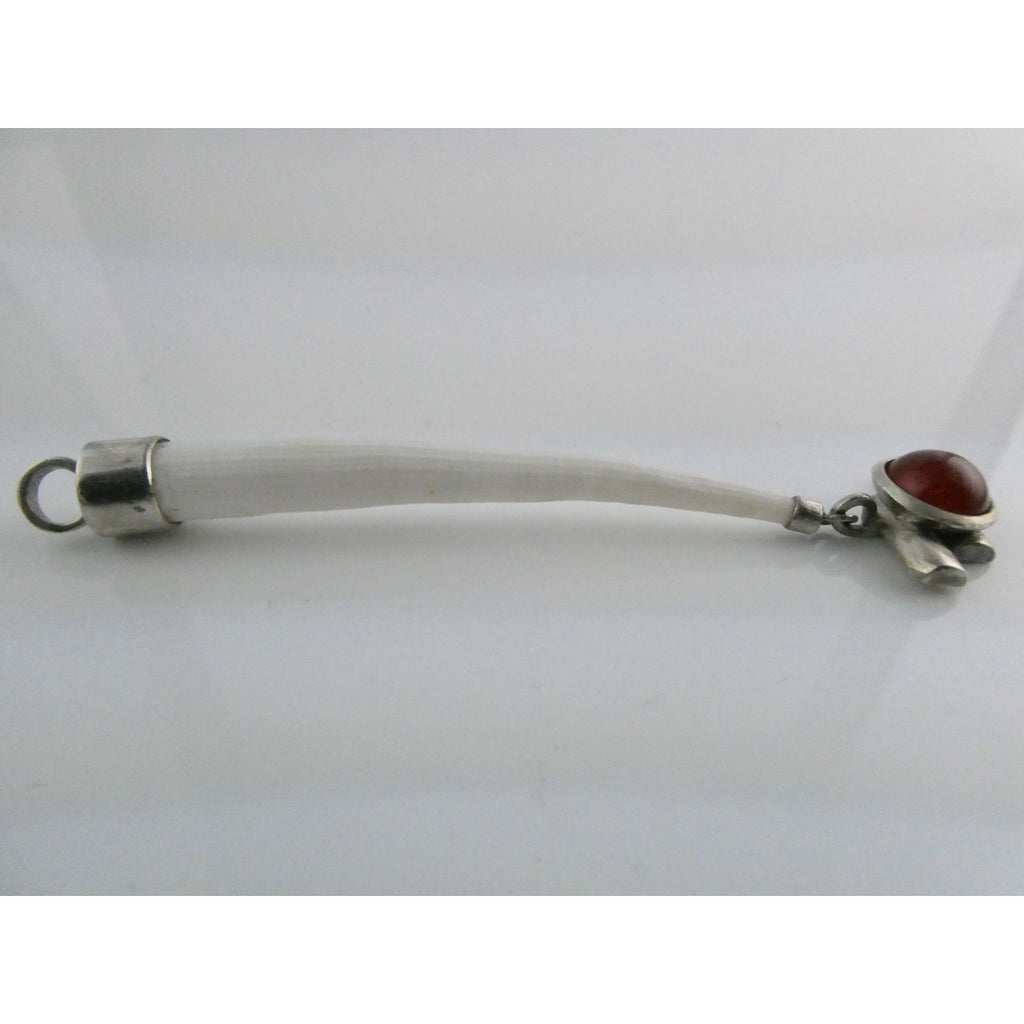 Sterling Silver Carnelian and Long White Seashell Pendant 15.9g 110mm Length