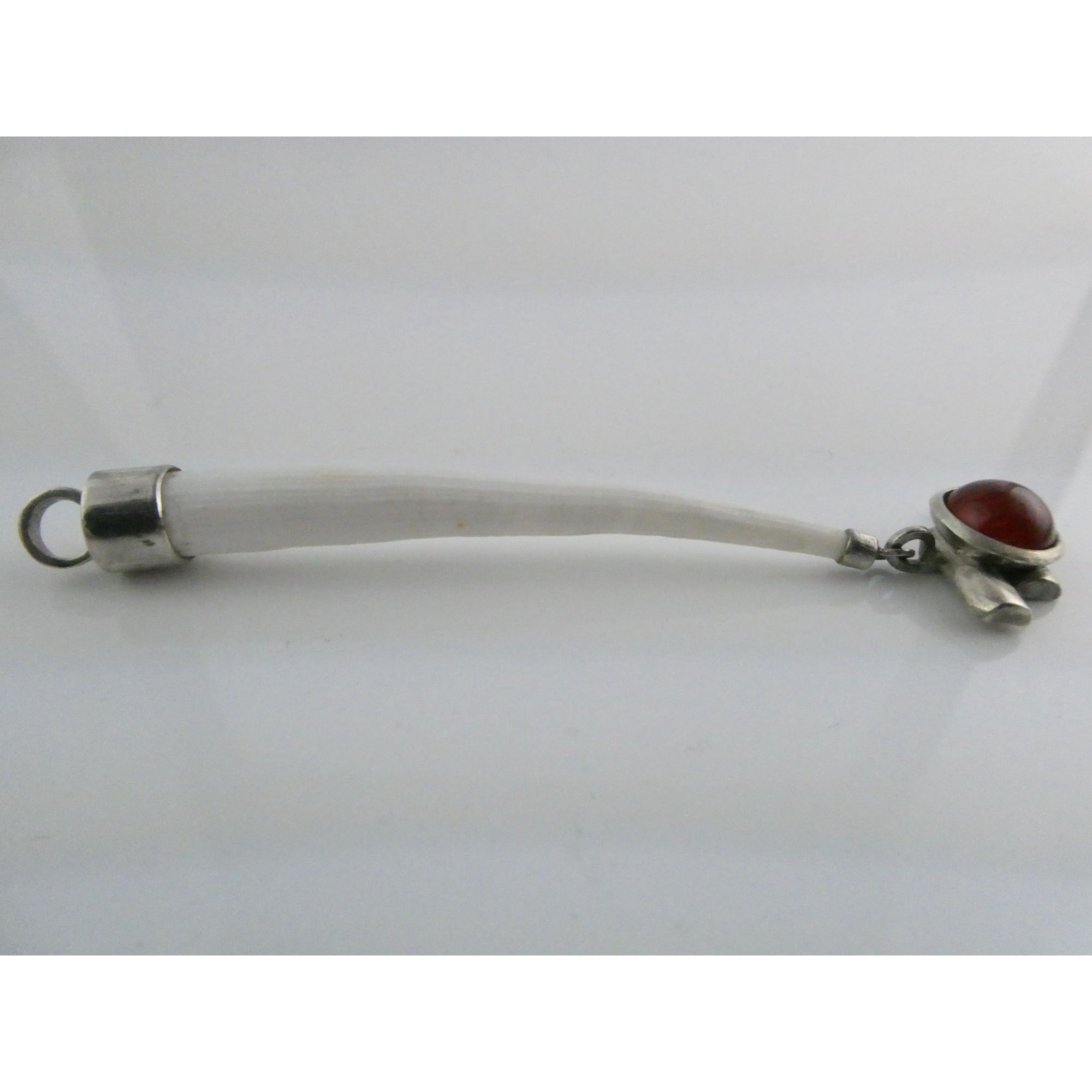 Sterling Silver Carnelian and Long White Seashell Pendant 15.9g 110mm Length