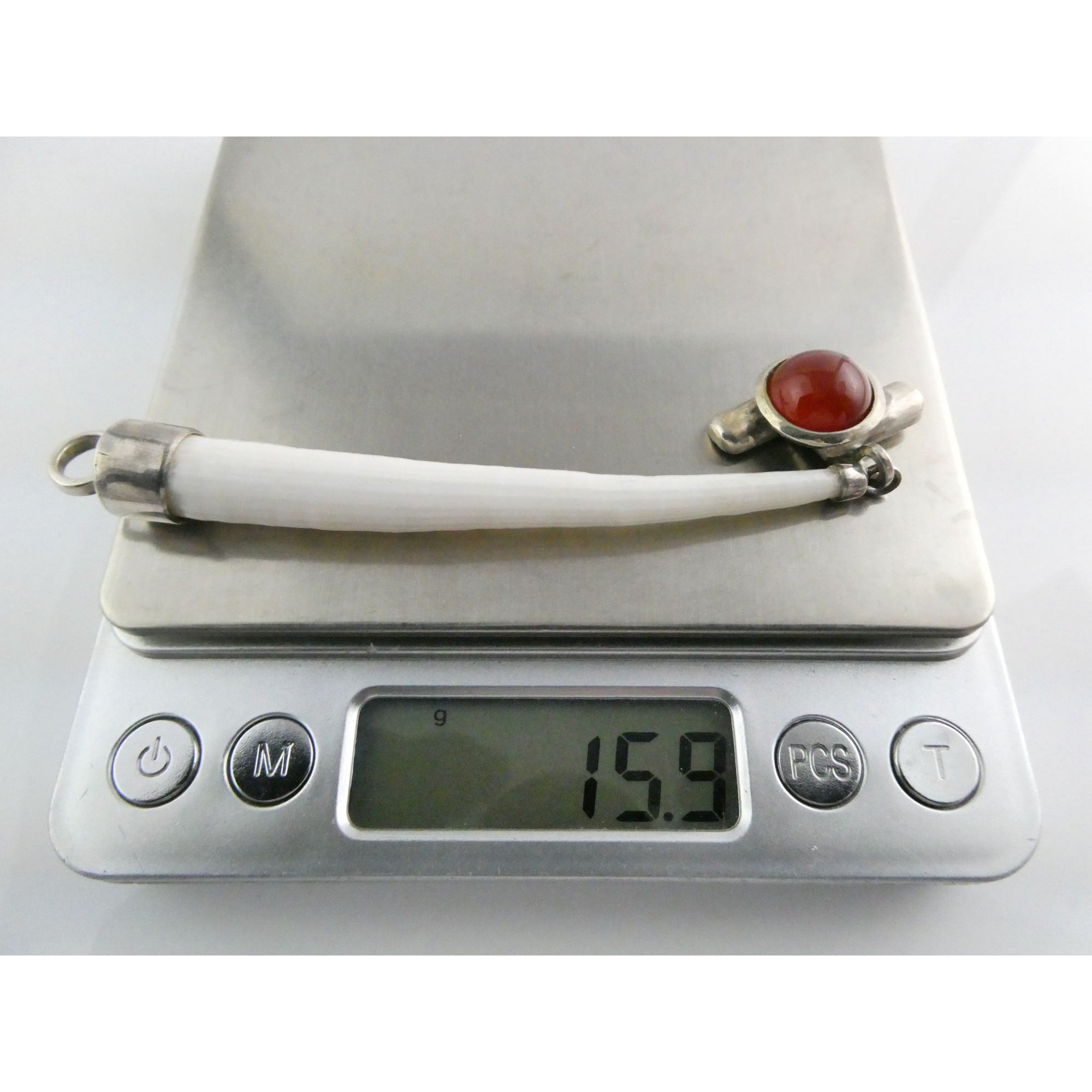 Sterling Silver Carnelian and Long White Seashell Pendant 15.9g 110mm Length