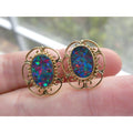 Antique ARA Art Deco 9k Yellow Gold Opal Doublet Screwback Earrings 4.3g .75 In