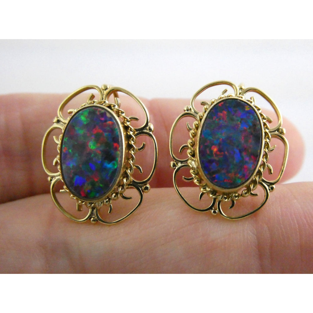 Antique ARA Art Deco 9k Yellow Gold Opal Doublet Screwback Earrings 4.3g .75 In