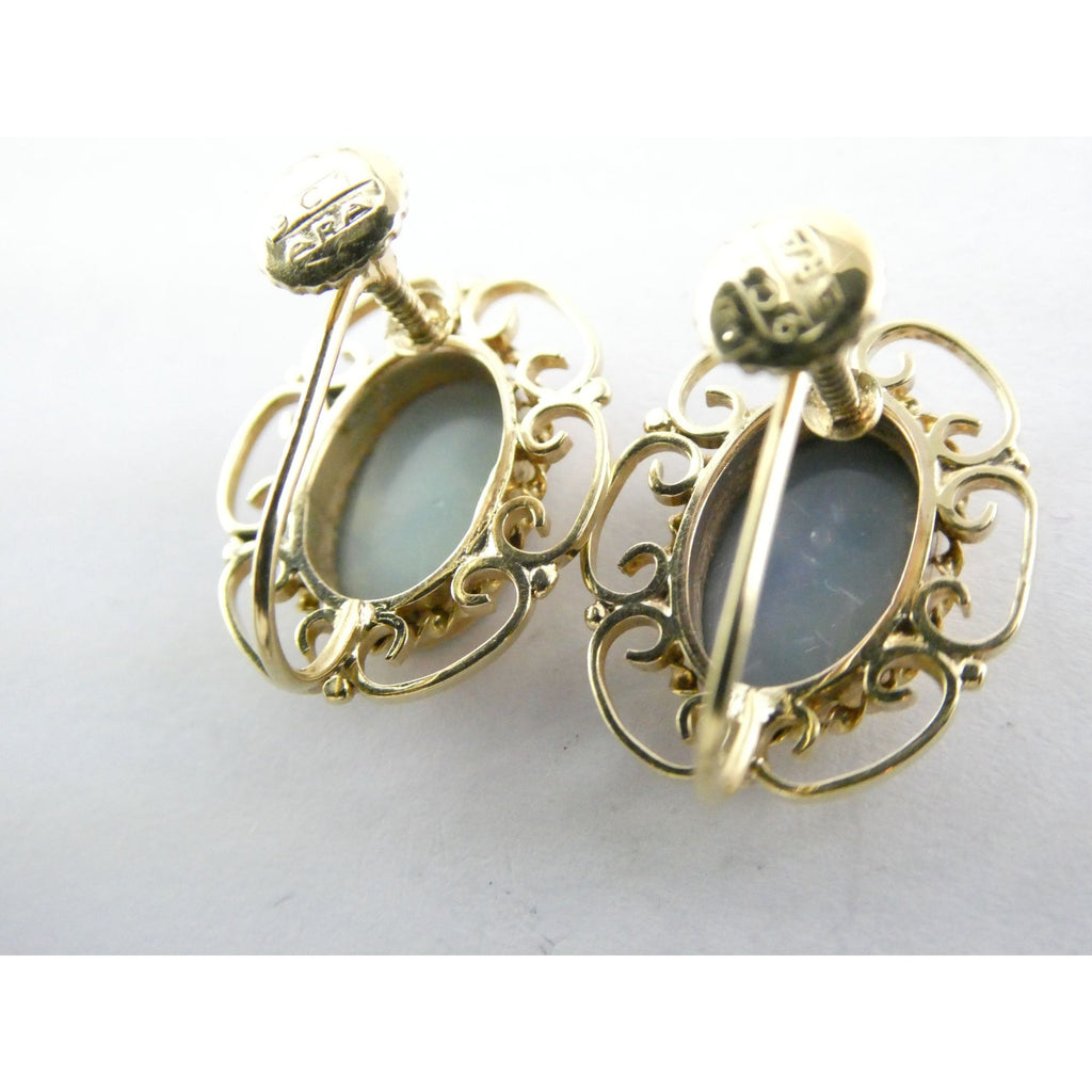 Antique ARA Art Deco 9k Yellow Gold Opal Doublet Screwback Earrings 4.3g .75 In