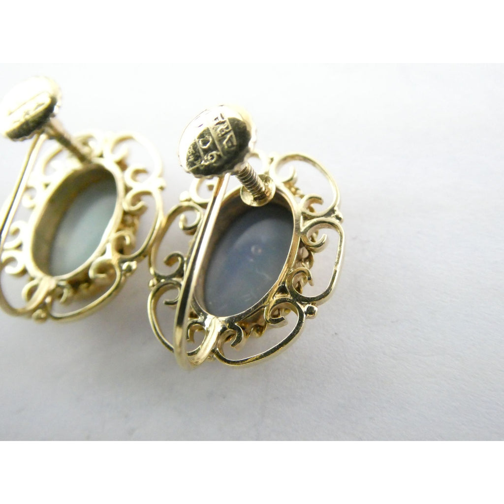 Antique ARA Art Deco 9k Yellow Gold Opal Doublet Screwback Earrings 4.3g .75 In