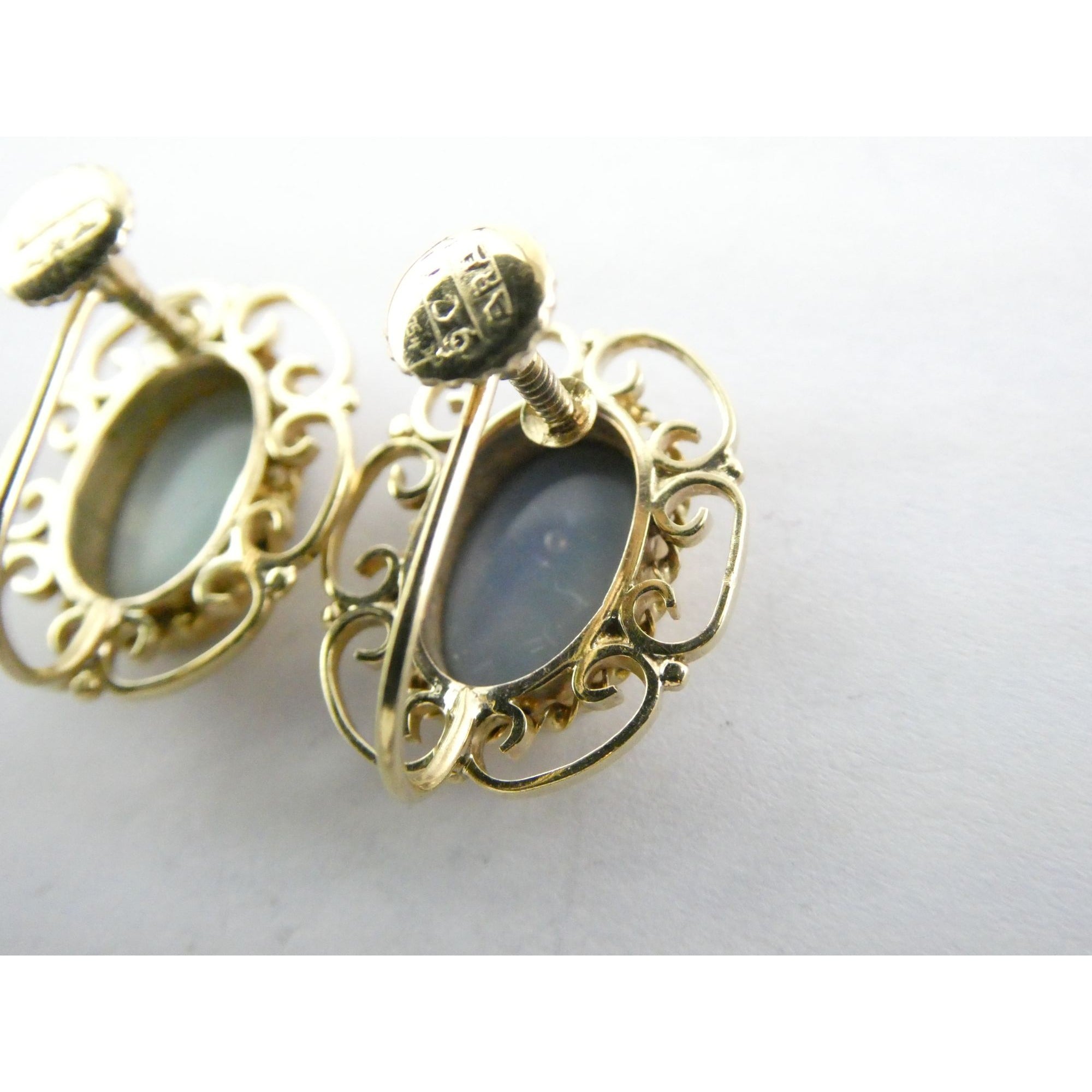 Antique ARA Art Deco 9k Yellow Gold Opal Doublet Screwback Earrings 4.3g .75 In