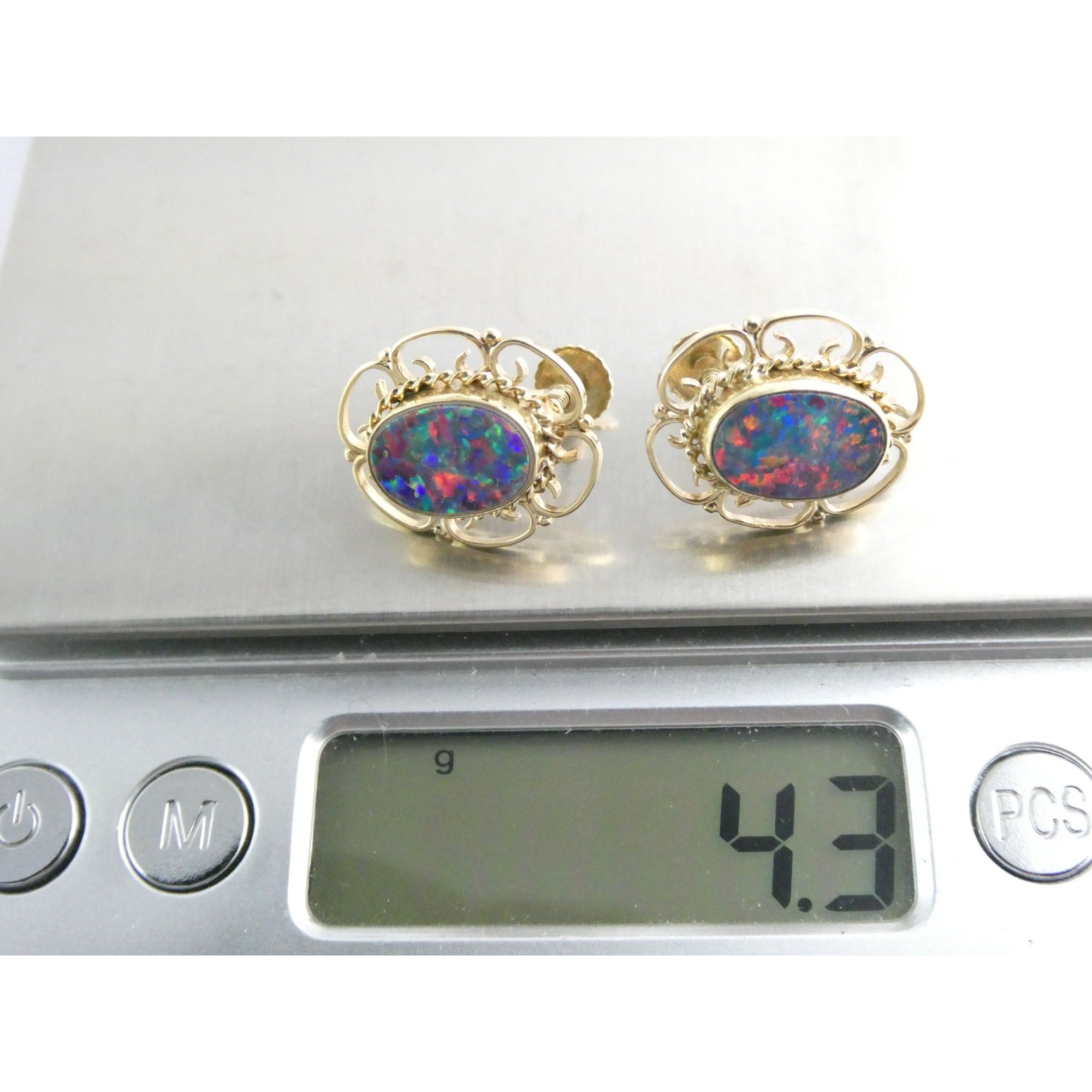 Antique ARA Art Deco 9k Yellow Gold Opal Doublet Screwback Earrings 4.3g .75 In