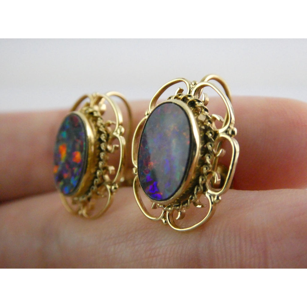 Antique ARA Art Deco 9k Yellow Gold Opal Doublet Screwback Earrings 4.3g .75 In