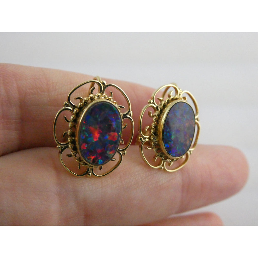 Antique ARA Art Deco 9k Yellow Gold Opal Doublet Screwback Earrings 4.3g .75 In