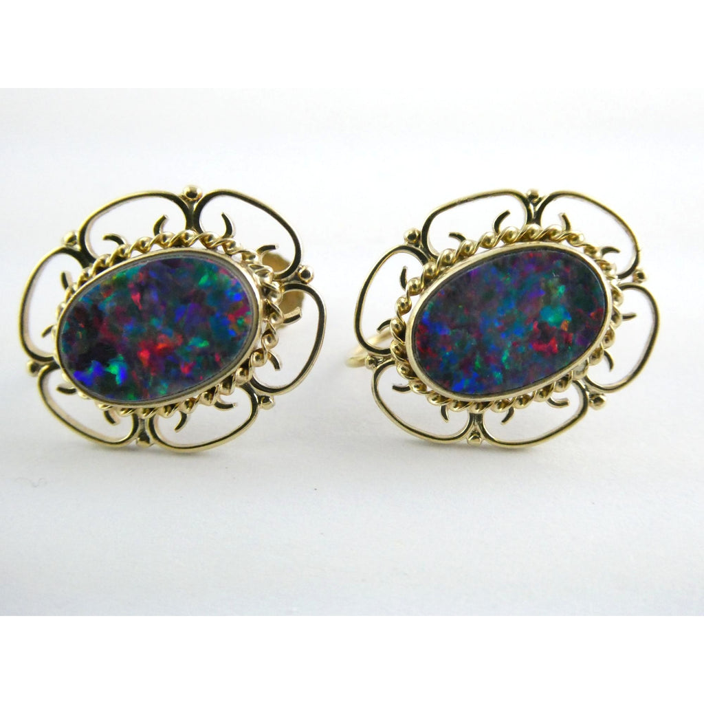 Antique ARA Art Deco 9k Yellow Gold Opal Doublet Screwback Earrings 4.3g .75 In