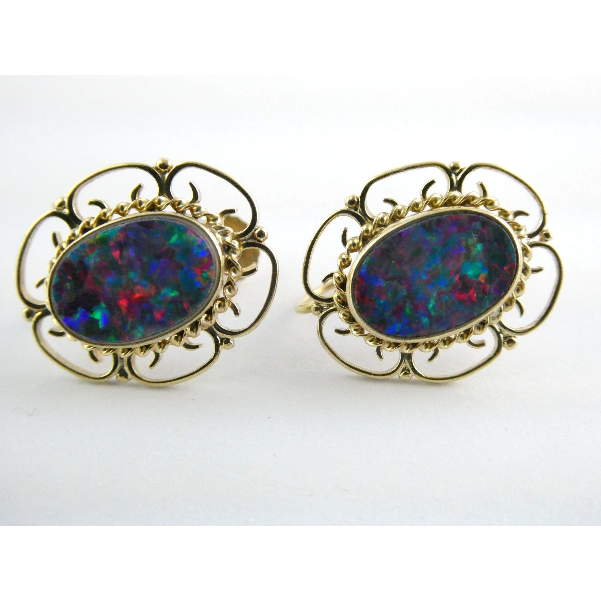 Antique ARA Art Deco 9k Yellow Gold Opal Doublet Screwback Earrings 4.3g .75 In