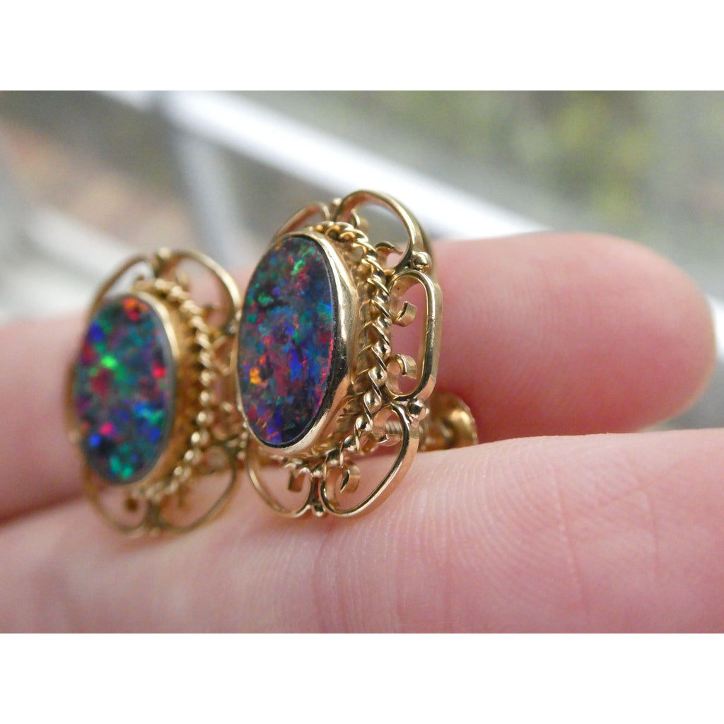 Antique ARA Art Deco 9k Yellow Gold Opal Doublet Screwback Earrings 4.3g .75 In